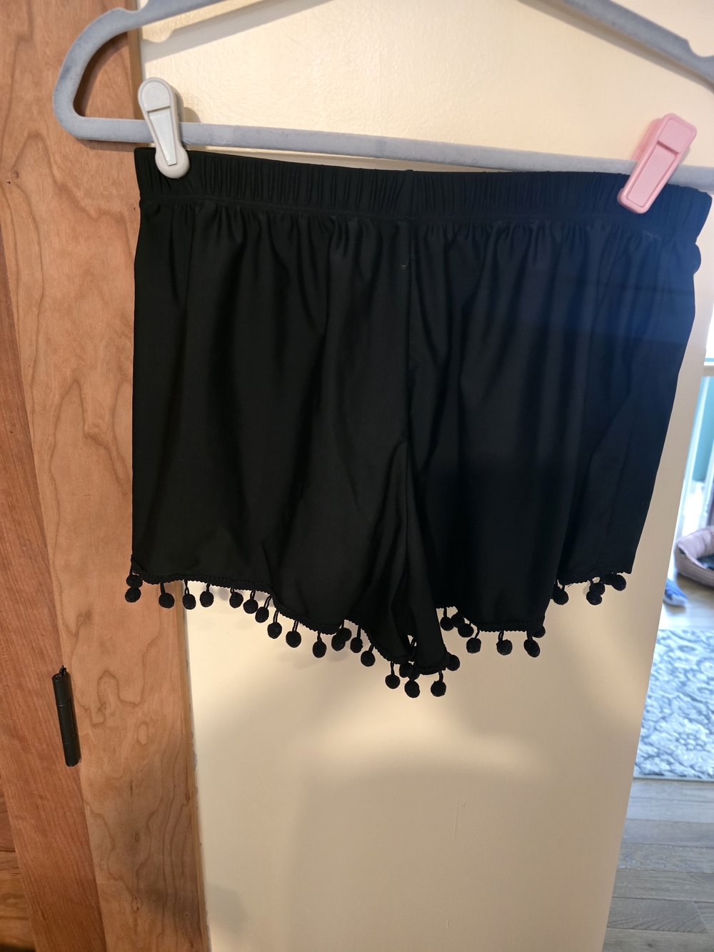 Women’s Black Pom Pom Trim Elastic Swim Shorts